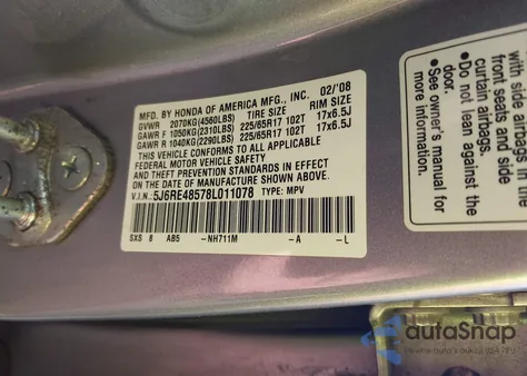 2008 Honda Cr-V Ex from USA, damaged, VIN 5J6RE48578L011078